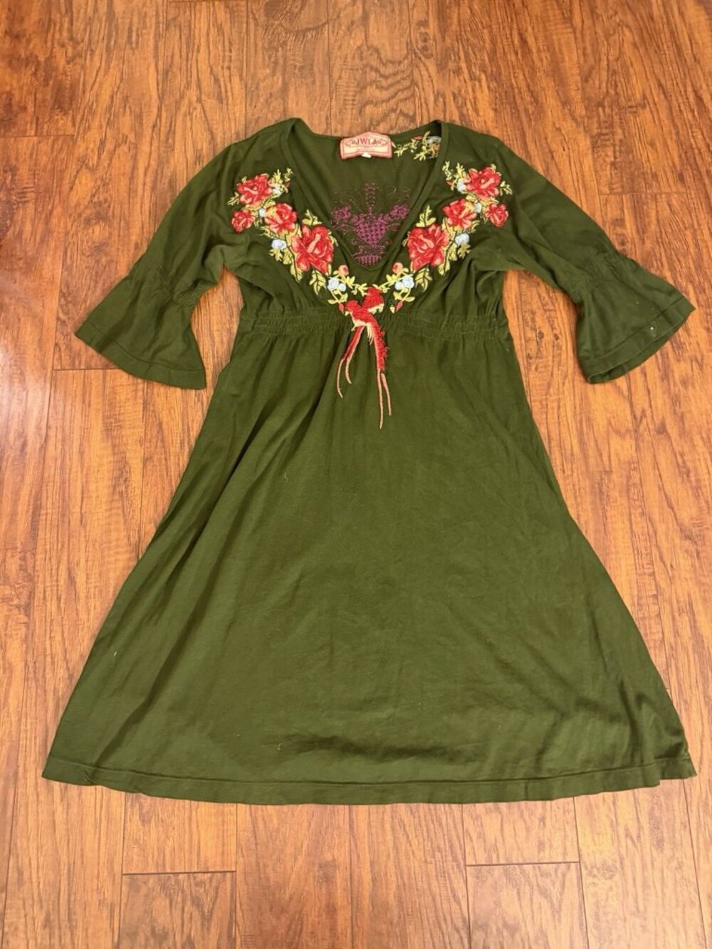 Johnny Was JWLA Olive Green Embroidered Floral Long Sleeve Dress XS